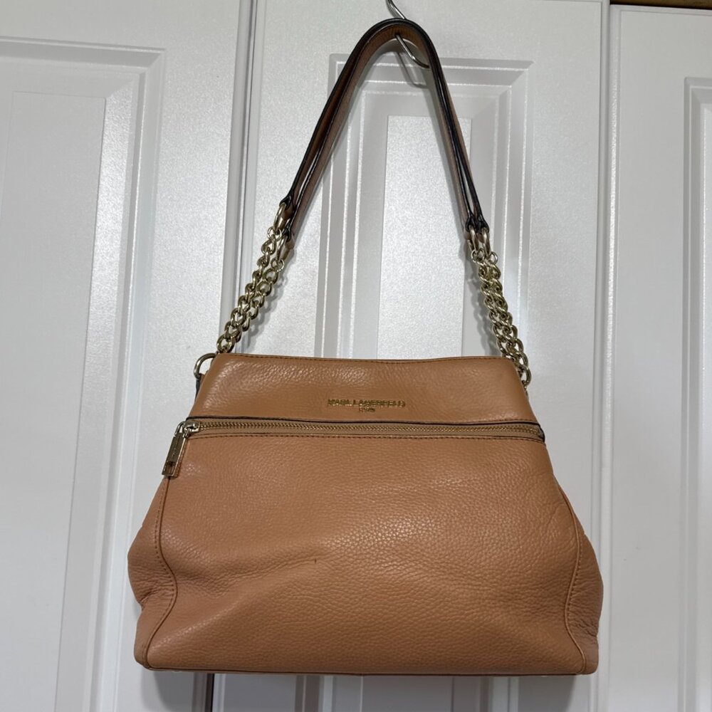 KARL LAGERFELD Triple Compartment Chain Shoulder Bag Beige Vegan Leather - Picture 1 of 14